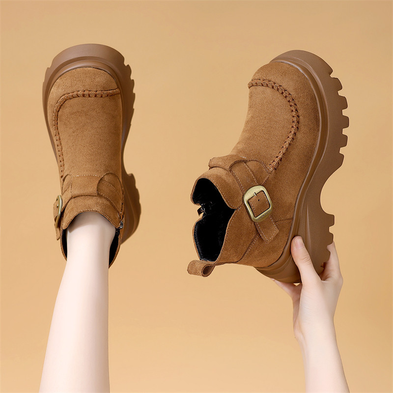 厚底马丁靴女2025新款秋冬加绒翻毛皮带扣短靴小个子增高勃肯女鞋,女鞋,马丁靴,淘宝优惠券,粉丝福利购,淘宝优惠卷