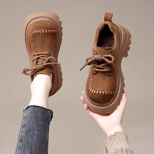 厚底勃肯鞋女冬加绒休闲软底轻便小皮鞋增高小个子女鞋乐福鞋单鞋
