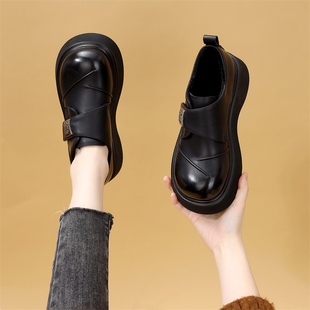 中跟百搭小皮鞋 英伦风厚底乐福鞋 一脚蹬秋单鞋 单鞋 女黑色圆头春季
