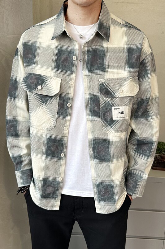 春季新款复古格子衬衫男长袖宽松休闲衬衣外套潮C3366-P88,男装衬衫,电商A239