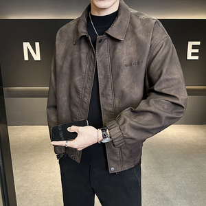 春季新款皮衣外套男翻领休闲宽松刺绣高级感机车皮夹克P886-P165图片
