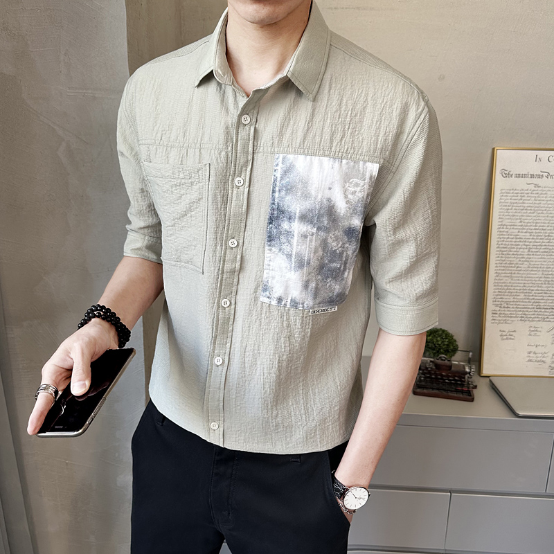男士中袖衬衫夏季新款时尚百搭休闲衬衣薄款上衣C1702-P68，男装衬衫，电商A239