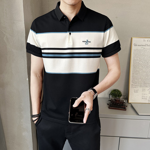 2025夏季新款男士短袖T恤翻领条纹透气绣标Polo衫男装PL68661-P65图片