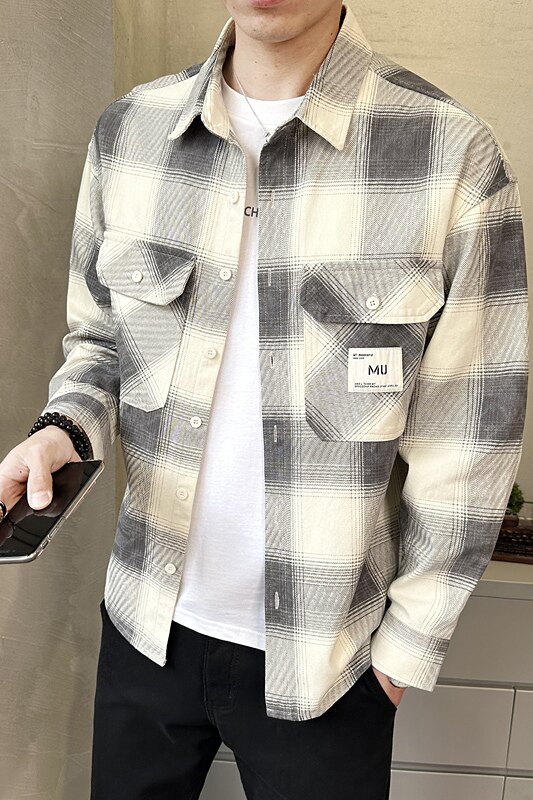 秋季新款复古格子衬衫男长袖宽松休闲衬衣外套潮C3366-P88,男装衬衫,电商A239