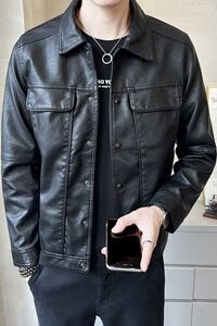 秋季短款皮衣 翻领外套 男韩版修身机车皮夹克P6640-P145图片