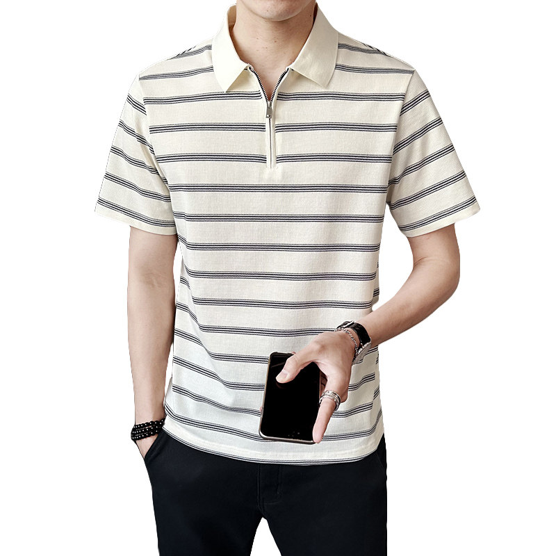 半拉链条纹polo衫短袖T夏季潮流半袖体恤男士有领上衣PL88559-P68,男装Polo衫,电商A239