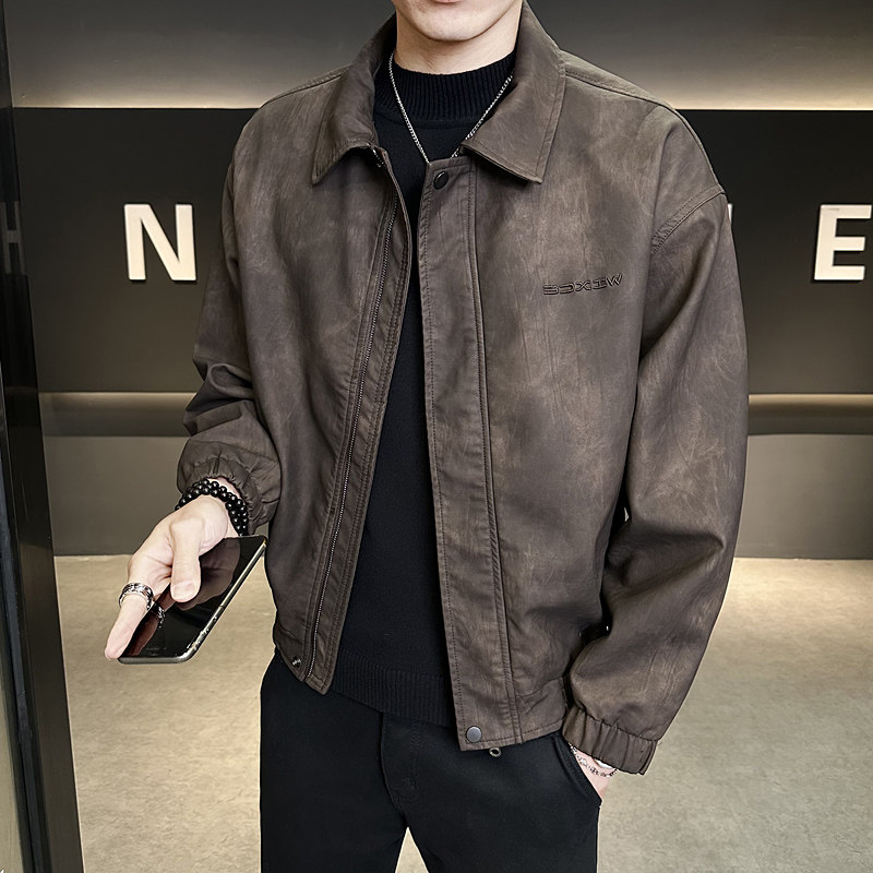 春季新款皮衣外套男翻领休闲宽松刺绣高级感机车皮夹克P886-P165,男装皮衣,电商A239