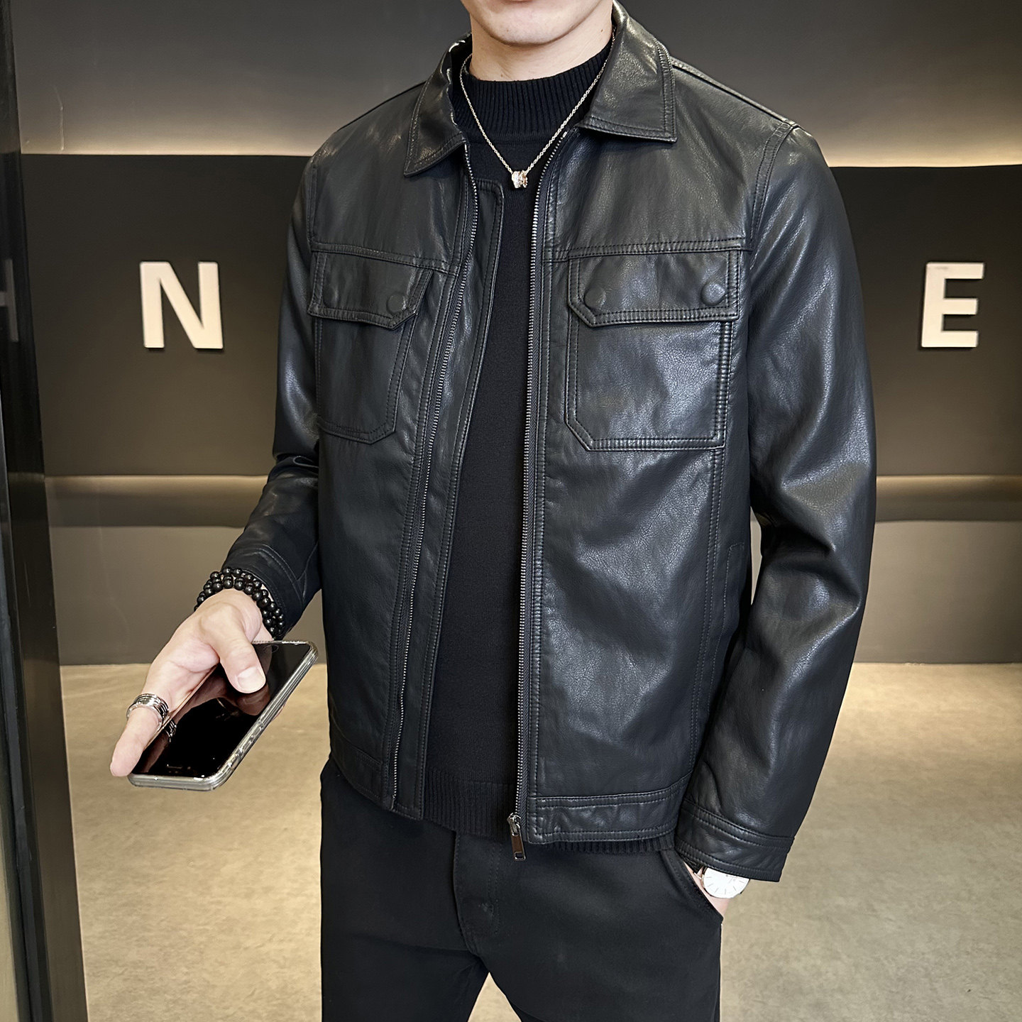 秋季短款皮衣翻领外套男韩版修身机车皮夹克P2626-P160，男装皮衣，电商A239