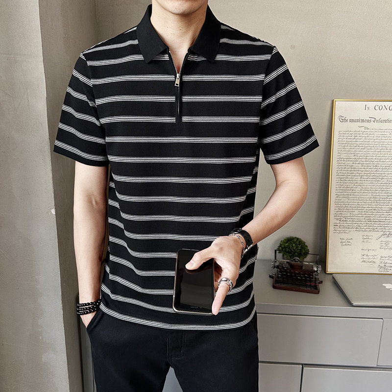 半拉链条纹polo衫短袖T夏季潮流半袖体恤男士有领上衣PL88559-P68,男装Polo衫,电商A239