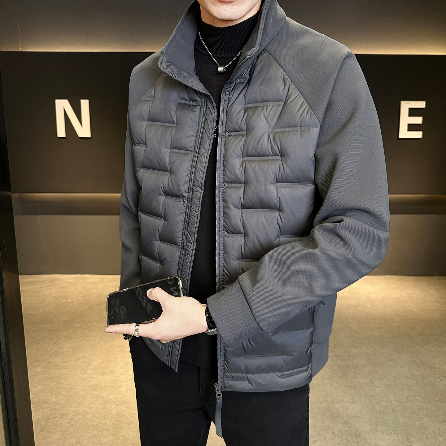 针织拼接加厚羽绒服男装短款冬季新款立领羽绒保暖外套Y929-P155，男装羽绒服，电商A239