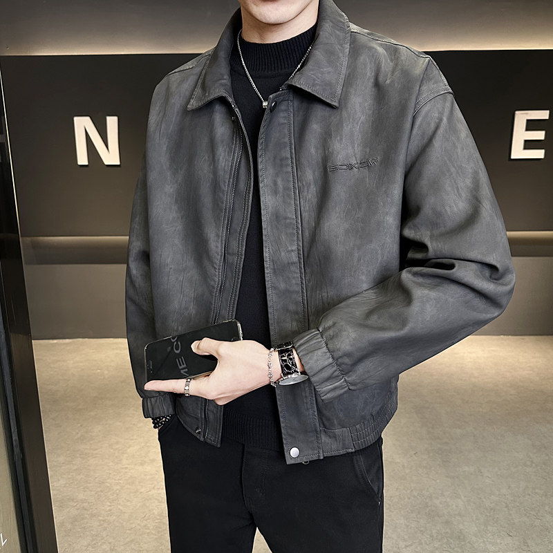 秋季新款皮衣外套男翻领休闲宽松刺绣高级感机车皮夹克P886-P165，男装皮衣，电商A239