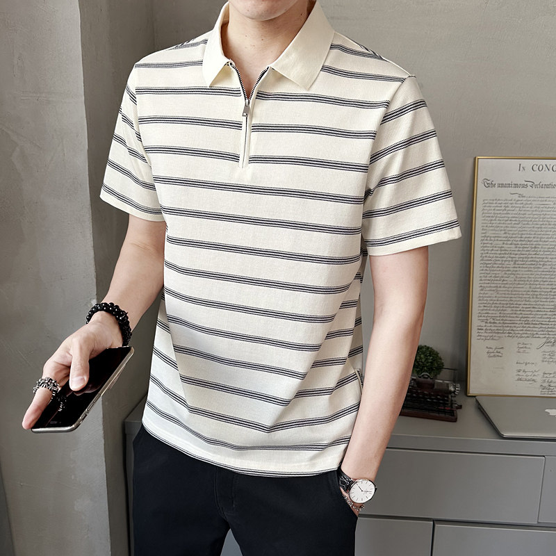 半拉链条纹polo衫短袖T夏季潮流半袖体恤男士有领上衣PL88559-P68,男装Polo衫,电商A239