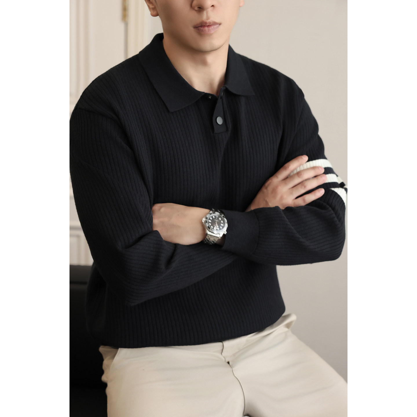 莱赛尔翻领针织衫毛衣男士秋冬宽松休闲老钱风套头内搭D7777-TP99,男装针织衫/毛衣,电商A239