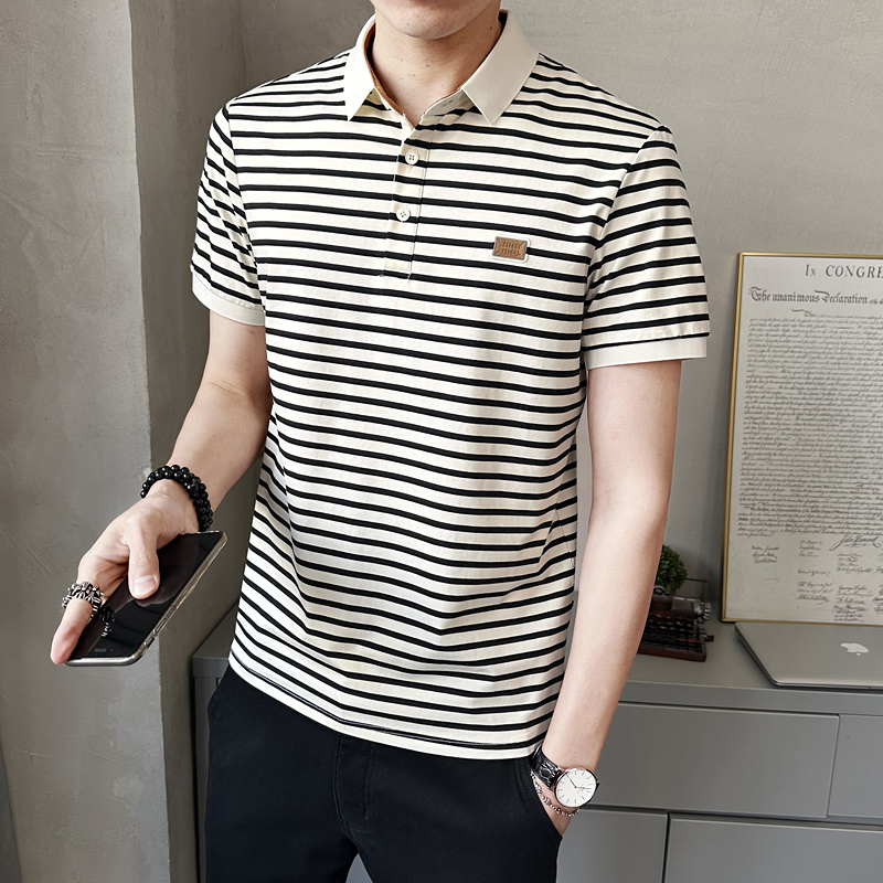 2025夏季新款男士短袖T恤翻领条纹polo衫休闲百搭上衣PL88507-P60，男装Polo衫，电商A239