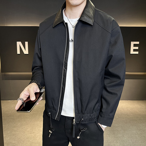 秋季翻领拼皮夹克男休闲百搭外套时尚潮流上衣JK86503-P125图片