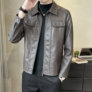 春季短款皮衣 翻领外套 男韩版修身机车皮夹克 P5582-P145图片