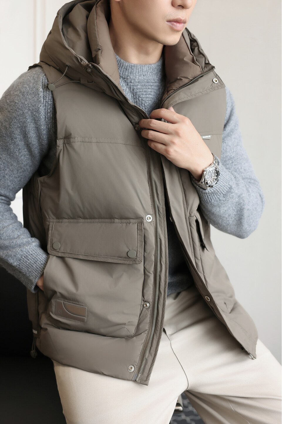 老钱风男士连帽秋冬外穿羽绒服马夹韩版潮流坎肩外套M8076-P130,男装羽绒服,电商A239