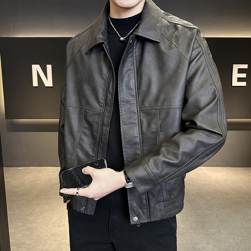 春季皮衣外套男士翻领休闲时尚帅气机车皮褂子痞帅P8806-P158，男装皮衣，电商A239