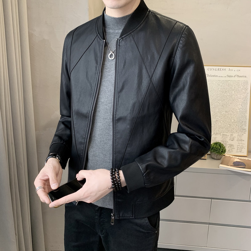 春季短款皮衣棒球服外套男韩版修身机车皮夹克P719-P130，男装夹克，电商A239