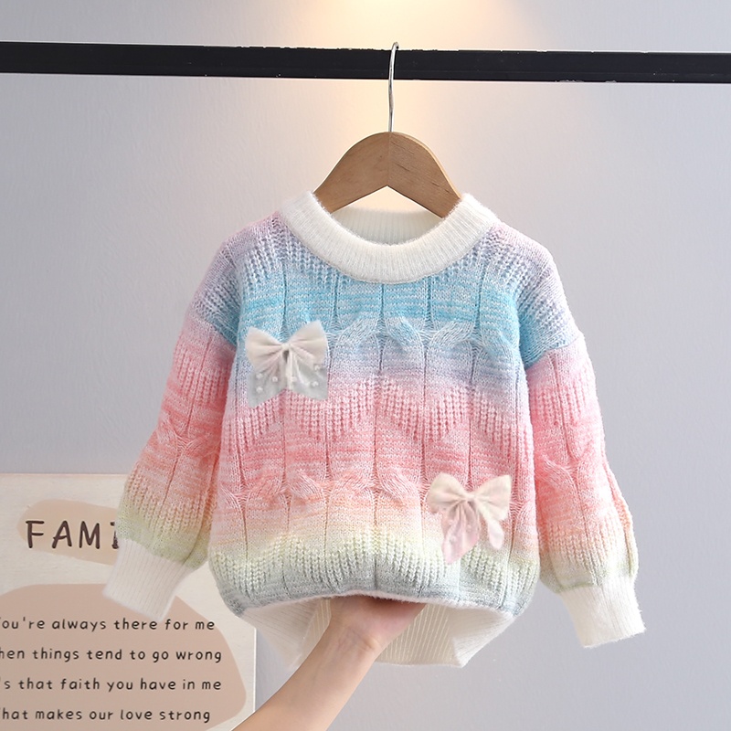 女童毛衣渐变彩虹加厚加绒2025冬装儿童针织衫洋气女宝宝打底上衣