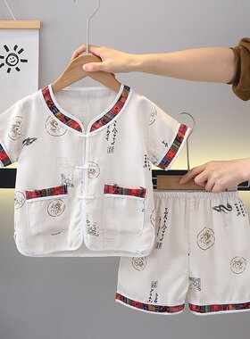 儿童汉服男童唐装中国风2026夏季宝宝短袖棉麻套装小孩复古两件套