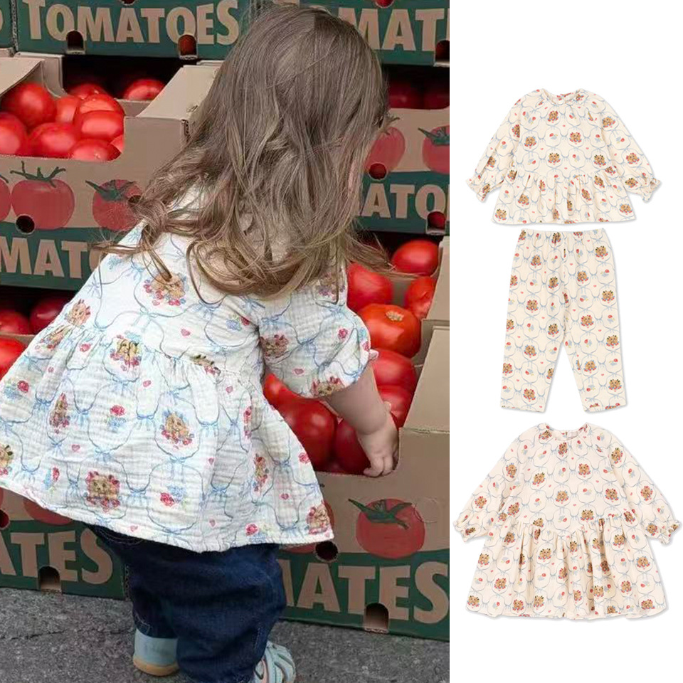 25秋冬新款ks纱布系列小狗双层皱长袖童裙上衣长裤套装棉童装