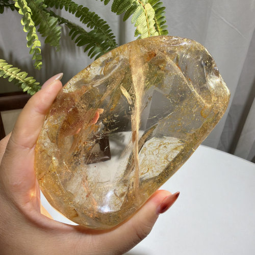 天然透体带彩水晶胶花盘子摆件：125*82*35mm,重：610g，70号