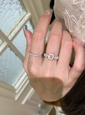 Vintage轻奢高级感复古白贝粉钻方糖戒指围镶满钻宫廷风气质指环