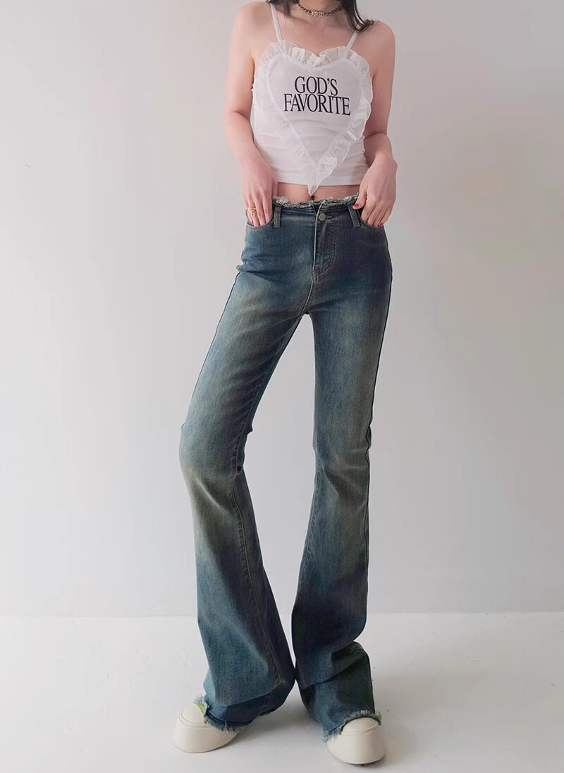 175高个子加长2024新款高腰修身弹力牛仔裤女毛边复古微喇叭裤瘦