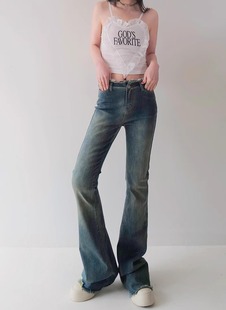 175高个子加长2024新款高腰修身弹力牛仔裤女毛边复古微喇叭裤瘦