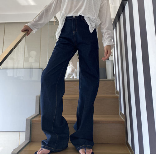 加长女裤泫雅风深蓝宽松牛仔裤