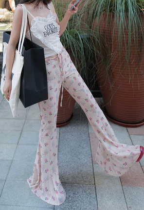 175高个子加长蛮腰瘦瘦裤小碎花黑色显瘦休闲裤女修身拖地喇叭裤