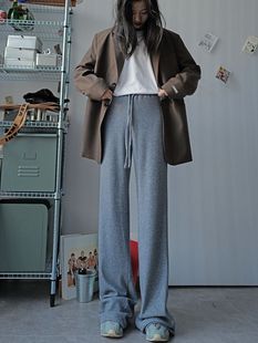 松緊腰休閑長褲 高腰直筒拖地寬松 針織2023秋季 175高個加長闊腿褲