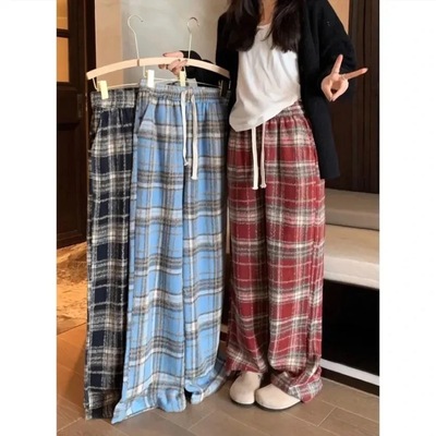 窄版加厚冬季毛呢格子2025高个子175复古垂感直筒裤宽松高腰ins