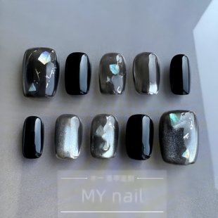 实拍纯手工穿戴甲黑色贝壳晕染显白百搭短款美甲贴片假指甲秋冬