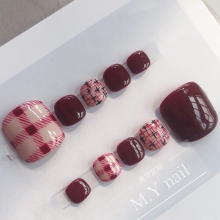 实拍脚指甲贴车厘子红手绘格纹穿戴甲美甲贴片假指甲手工成品甲片