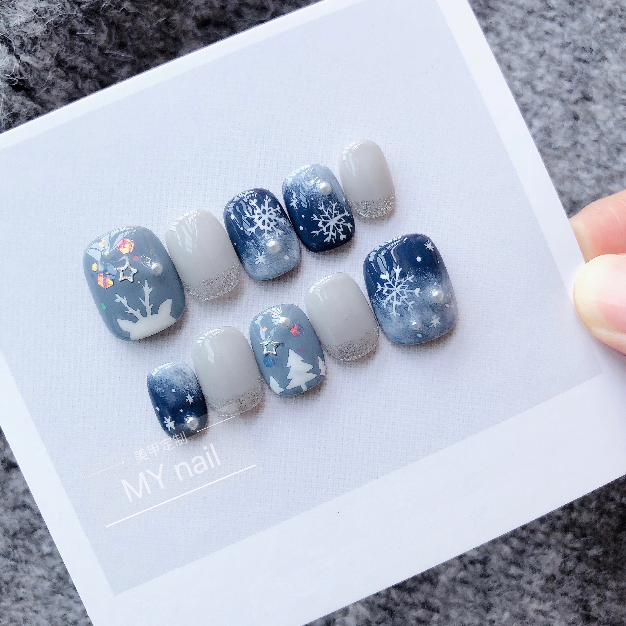 手绘圣诞美甲片手工穿戴甲