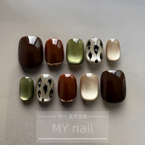【M.Y nail 】纯手工穿戴甲手绘豹纹秋冬猫眼混搭美甲贴片