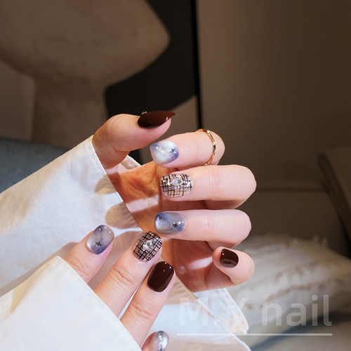 【M.Y nail】纯手工穿戴甲秋冬短款美甲深红大理石混搭成品甲片
