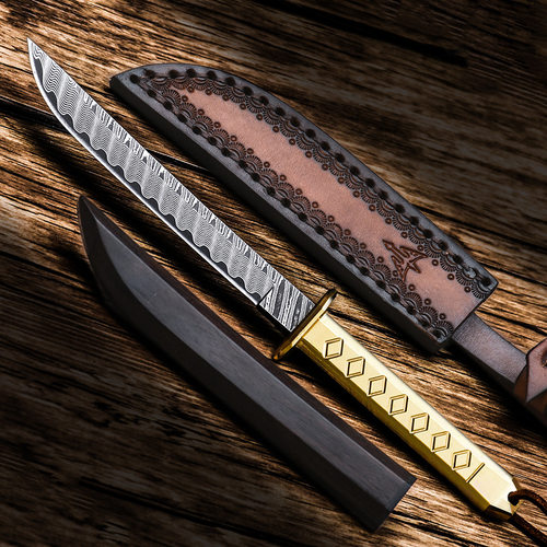 迷你小刀户外露营水果刀 刀具防身冷兵器野外直刀大马士革钢刀