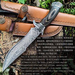 大马士革钢直刀开刃割肉刀野营便携高硬度水果刀随身野外切肉刀