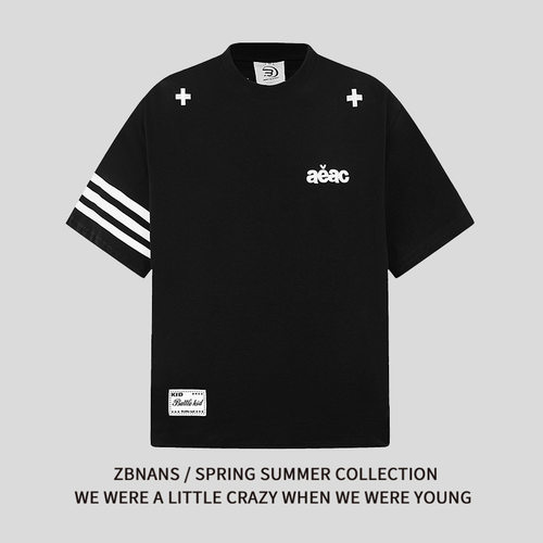 2026夏季美式复古袖口三条杠字母刺绣短袖T恤男女宽松休闲上衣