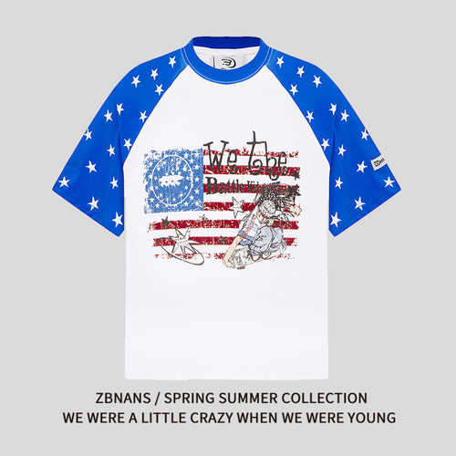 美式复古拼接卡通字母印花插肩袖短袖T恤夏季宽松休闲男女上衣