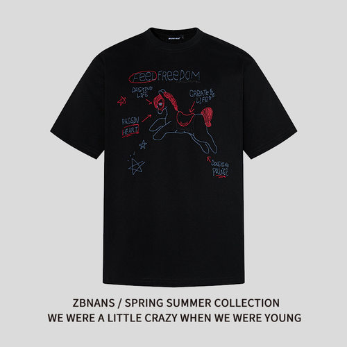 美式复古手绘木马字母刺绣短袖T恤男女情侣2026夏季休闲百搭上衣