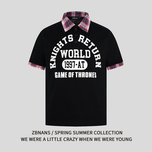 美式复古撞色字母印花格纹领Polo衫男女同夏季宽松休闲短袖T恤