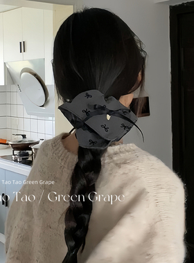 芭蕾风灰色蝴蝶结方巾大肠发圈女复古高级感超大蕾丝扎发绳头绳