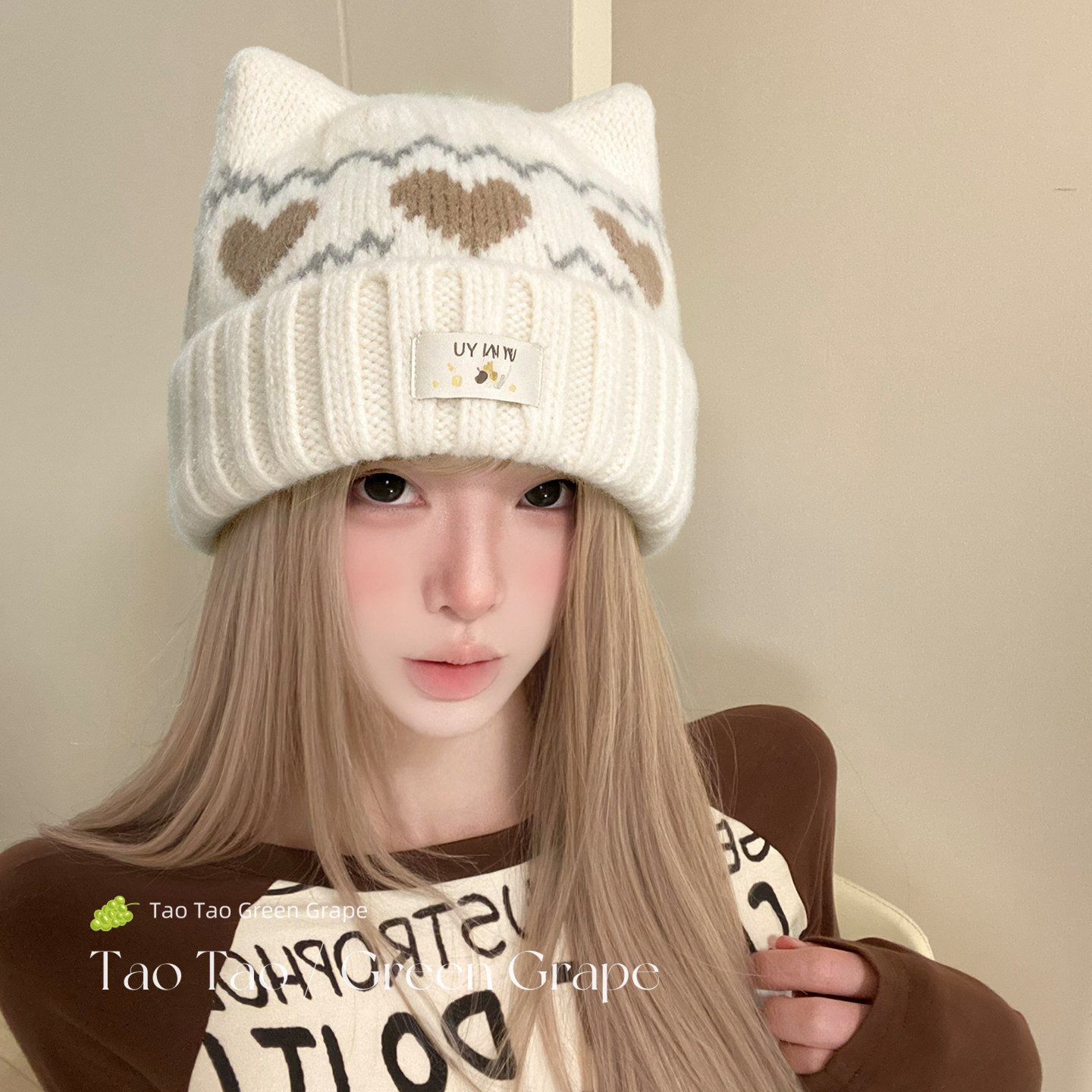 可爱白色猫耳朵针织毛线帽女秋冬大头围爱心费尔岛风提花小猫帽子