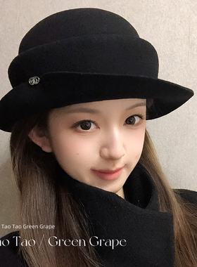 留洋千金法式赫本风黑色羊毛圆顶礼帽女秋冬显脸小渔夫帽卷边帽子