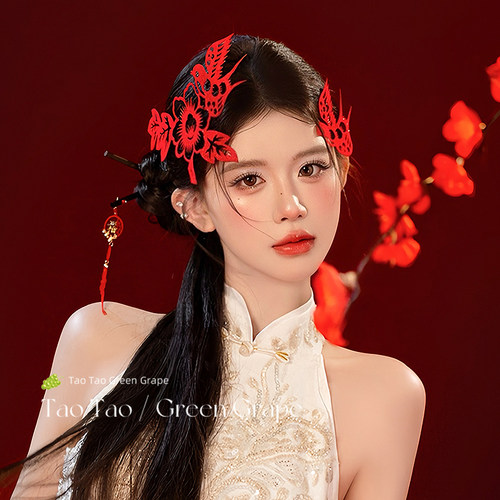 新中式国风红色喜鹊剪纸发夹新年喜庆复古头饰新娘结婚敬酒服发饰