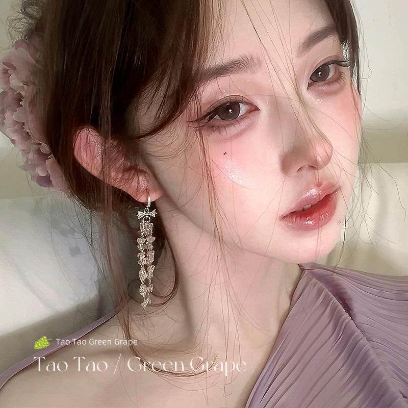 粉色蝴蝶结水晶流苏耳环女2025新款高级感度假风独特漂亮耳钉耳饰